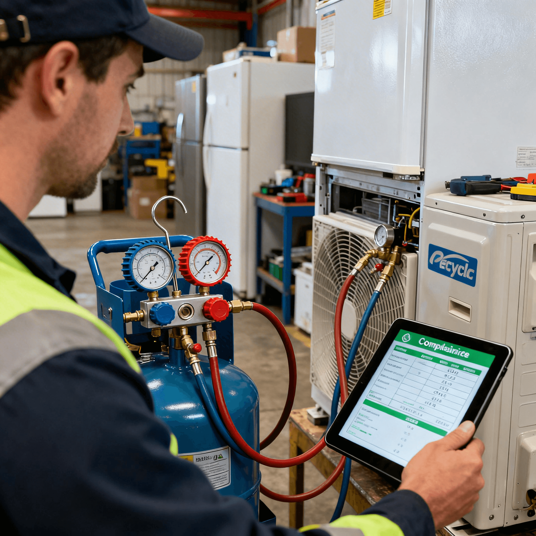 Technician performing refrigerant recovery on industrial equipment